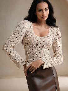 Anewsta Elegant Square Neck Hollow Out Retro Crochet Lantern Sleeve Top, Suitable For Spring & Autumn - Apricot - View 4