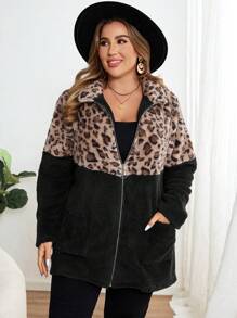 EMERY ROSE Plus Size Leopard Print Patchwork Fluffy Jacket Teddy Coat, Autumn/Winter