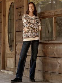 LanaWest Damen Pullover mit geometrischem Jacquard Muster und Rundhalsausschnitt, Lässig