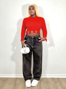 Zolique New Sexy Figure-Hugging Fringe Distressed Cutout Ribbed Long Sleeve Crew-Neck Sweater For Women, Design Knit Pullover Fall Winter - Orange - View 1
