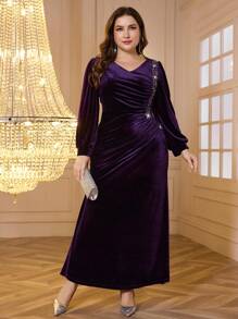 Modelyn 新款女士天鹅绒 V 领长袖高端晚礼服，优雅品质，适合秋冬季长款女士装长款晚礼服 - 紫色 - 查看 5