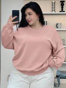 Dazy Plus Bow Embroidery Crew Neck Loose Fit Long Sleeve Sweatshirt - Pink - View 5