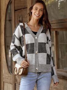 LanaWest Women Casual Checkerboard Pattern Front Button Cardigan, Suitable For Autumn/Winter - Black and White - View 5