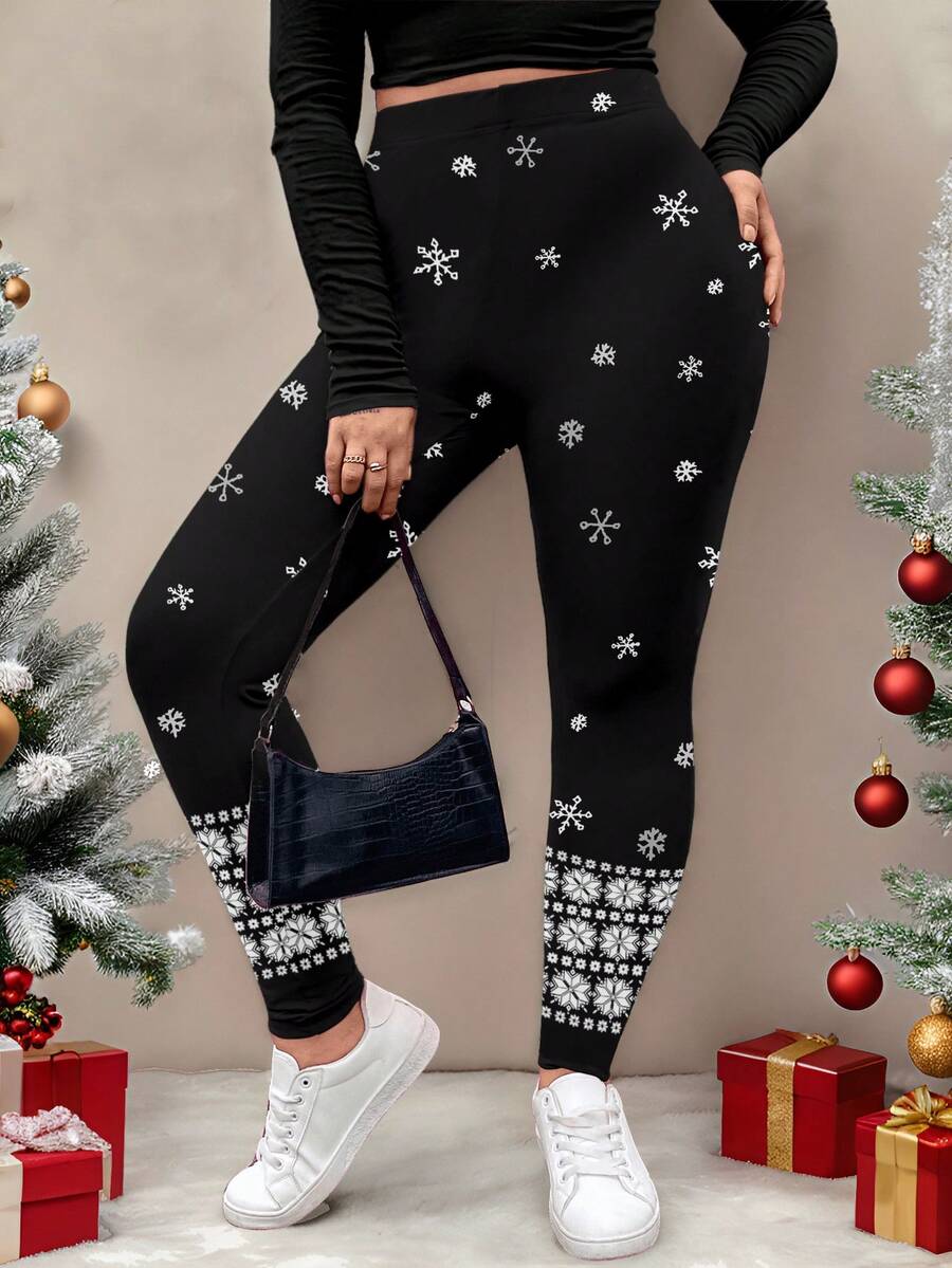 SHEIN LUNE Plus Size Snow Flake Print Elastic Waist Casual Leggings