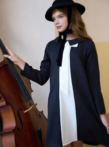 SHEIN Tween Girls Detachable Bow Contrast Black & White Elegant Long Sleeve A-Line Dress, Fashionable For Autumn/Winter