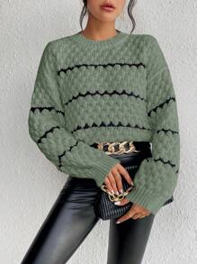 Chiquease Women's Casual Everyday Crew Neck Contrast Color Loose Drop Shoulder Sweater, Autumn/Winter
