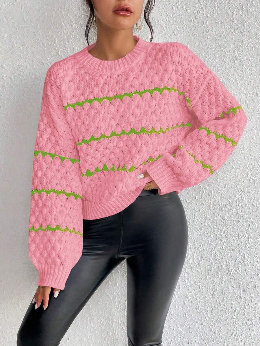 Chiquease Áo len nữ dáng rộng cổ tròn phối màu tương phản, vai rớt, thích hợp cho mùa thu/đông. - Hồng - Xem 1