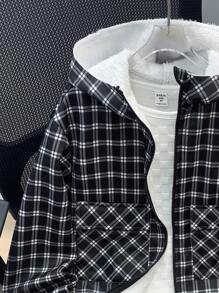 Tween Boy Casual Loose Hooded Fleece Plaid Jacket, Suitable For Commuting, School, Daily Casual, Sports, Autumn/Winter Season - Black - View 7