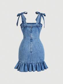 SHEIN MOD Vestido informal de mujer de mezclilla lavada con volantes en el bajo y tirantes