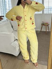 Women Cute 3D Cherry Decoration Fleece Pullover & Pants Pajama Set, Autumn Winter - Yellow - View 7