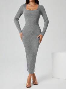 SHEIN PETITE 秋装纯色方领紧身黑色长袖连衣裙 - 深灰色 - 查看 7