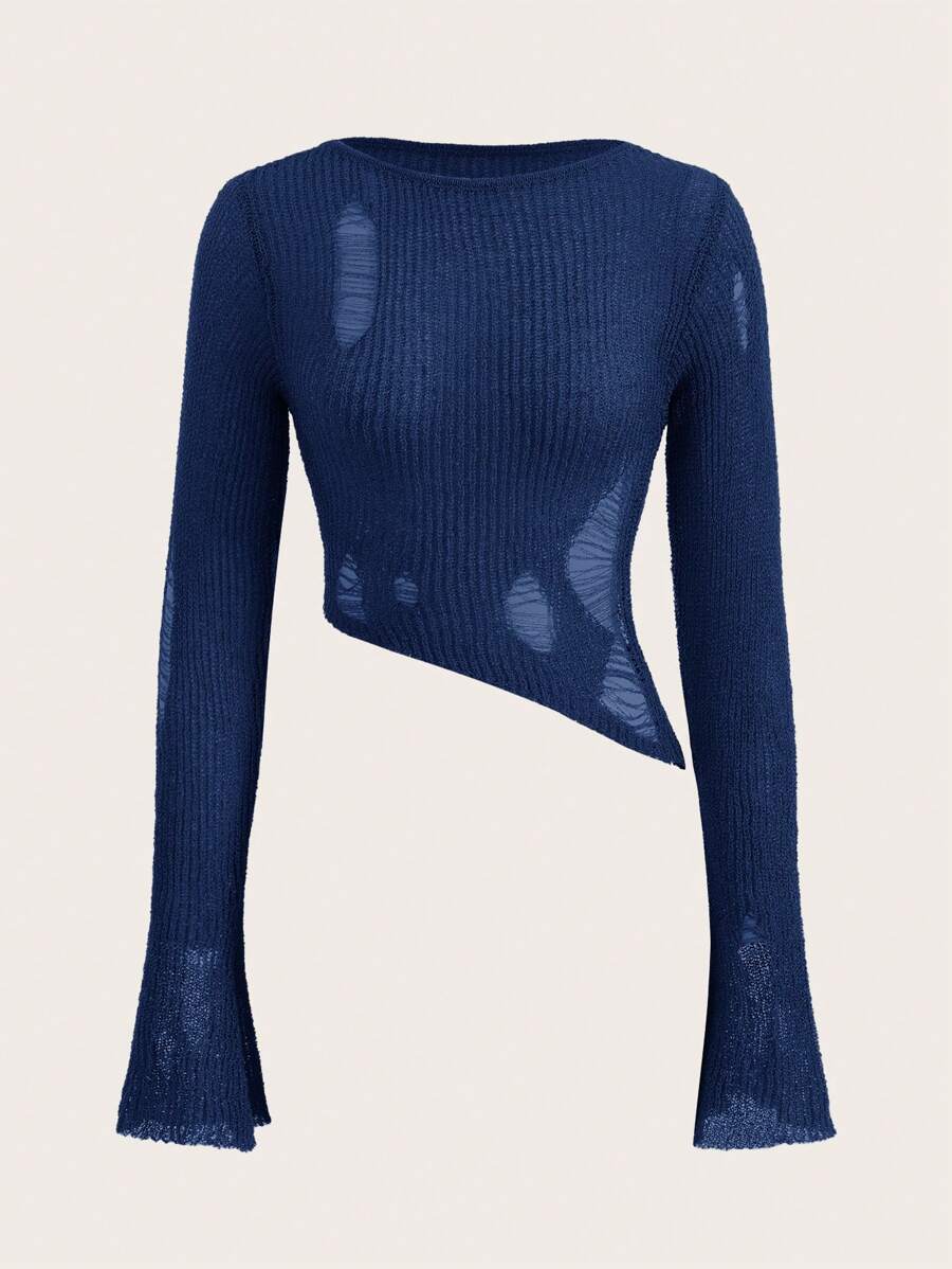 SHEIN ICON 女士圆领长袖不对称下摆做旧针织毛衣，秋冬款 - 藏蓝色 - 查看 1