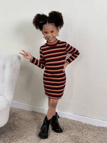 SHEIN Young Girl Casual Colorful Striped Knit Crew Neck Long Sleeve Dress