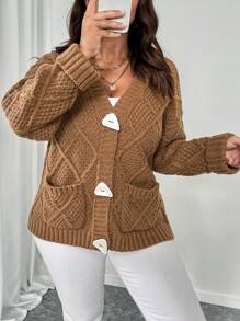 Celure Cárdigan informal de talla grande para mujer de color liso con bolsillos dobles, otoño/invierno