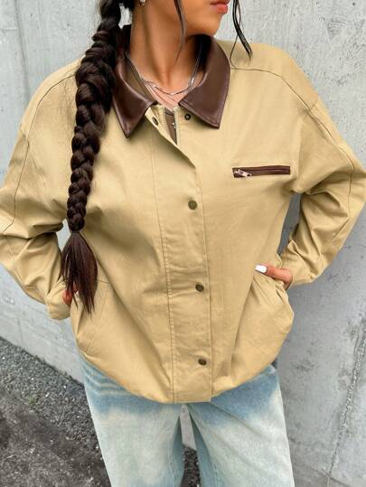 SHEIN EZwear Plus Size Vintage Patchwork PU Collar Jacket, Autumn/Winter