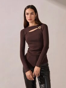 BizChic Women's Elegant Long Sleeve Brown Basic Knit Sweater T-Shirt, Commuter Fashion Outfit, Suitable For Christmas,