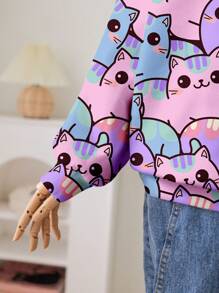 SHEIN 可爱猫咪印花，年轻女孩休闲简约宽松圆领保暖内衬舒适长袖套头衫，适合秋冬季 - 彩色 - 查看 3