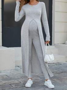 SHEIN 2pcs/Set Maternity Ribbed Fabric High Slit Long Top And Long Pants Set - Grey - View 3