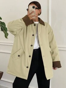 DAZY 女士拼色宽松长袖翻领口袋棉服外套，冬季女装，冬季外套女夹克