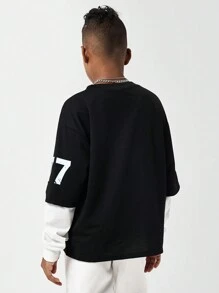 SHEIN Tween Boy Letter Print Stylish Crew Neck Casual Long Sleeve Mock Layered Sweatshirt - Black - View 6