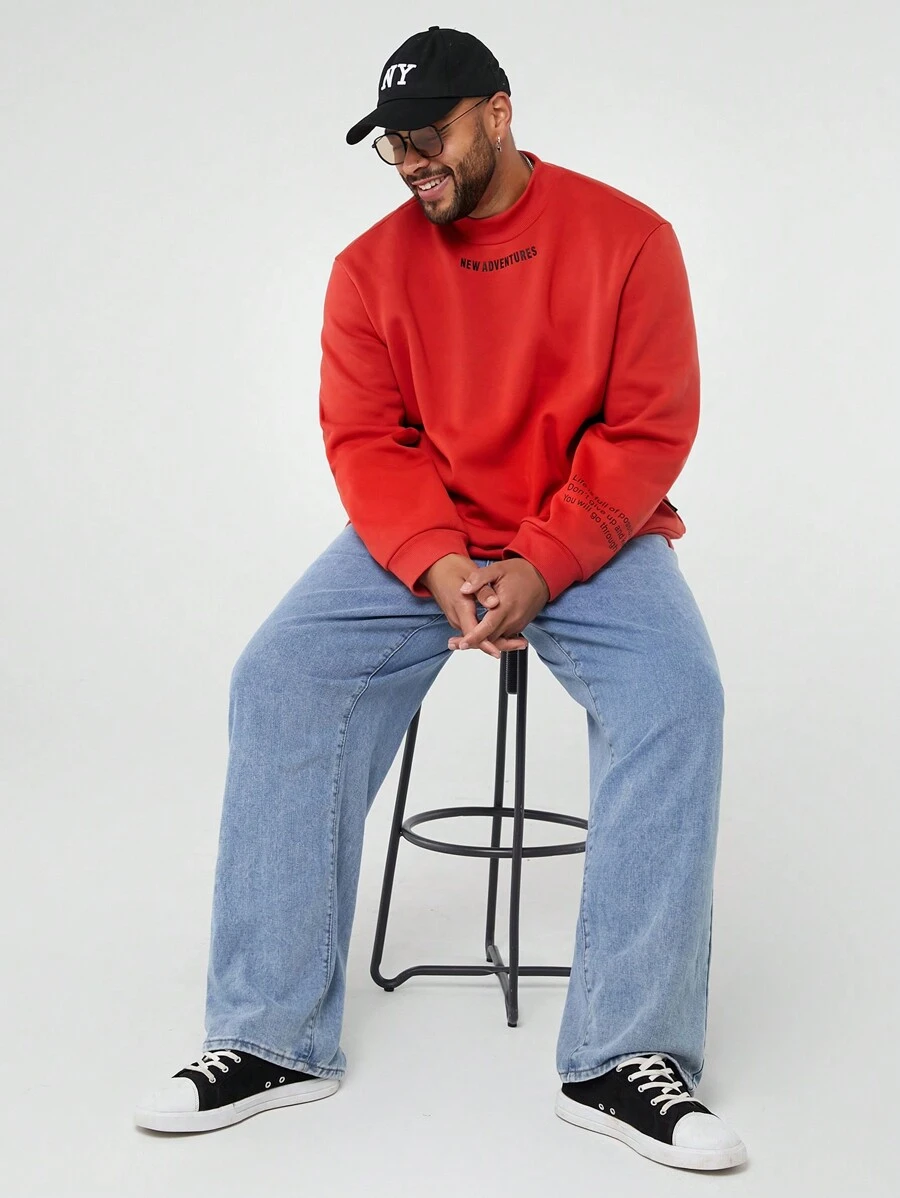 Manfinity VCAY 大码男士修身立领字母印花针织长袖套头衫，适合秋冬 - 橘色 - 查看 1