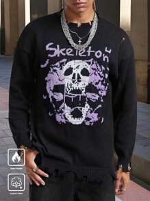 Manfinity Roghcode Men's Crew Neck Long Sleeve Stylish Letter Printed Casual Comfortable Sweater - Black - View 1