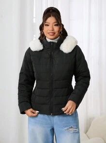 SHEIN EZwear Chaqueta acolchada con capucha de manga larga y diseño fuzzy en talla grande, color negro - Negro - Ver 3