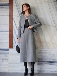 GENKIRA 2pcs Women Vintage  Tweed Jacket With Crystal Embellishment And Long Skirt Set, Autumn/Winter Fall Cloth For Women - Grey - View 5