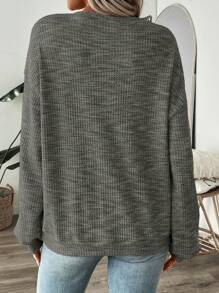 SHEIN LUNE 女式彩色华夫格针织套头衫，秋季，长袖上衣 - 深灰色 - 查看 3