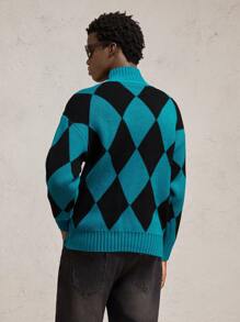 AKNOTIC Business Casual Men's Letter Embroidered Plaid High Neck Dropped Shoulder Long Sleeve Sweater, Suitable For Autumn/Winter - Multicolor - View 8