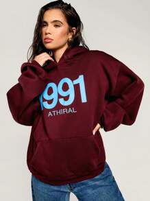 Athîral 女士勃艮第色字母印花落肩长袖宽松休闲连帽衫，适合秋季保暖寒冷天气保暖套头衫 - 酒紅色 - 查看 4