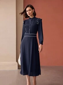 MOTF PREMIUM FRILL MOCK NECK CONTRAST PIPING RUFFLE TRIM FOLD PLEATED MIDI DRESS