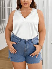 SHEIN Privé Elegant V-Neck Lace Spliced Shiny Sleeveless Blouse For Plus Size, Suitable For Office, Casual Wear, Travel And Holiday, For Summer - White - View 5