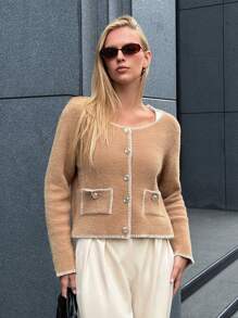 EURMUSE Women Casual Fuzzy Collar Cardigan, Autumn/Winter - Khaki - View 5