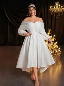 SHEIN Belle Plus Size White French Lace Splice Open Shoulder Flared Long Sleeve Asymmetric Elegant Bridal Cocktail Dress - White - View 3
