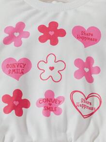 SHEIN Explorewe 2 Stücke Mädchen süß und niedlich Allround legere vielseitig Pendler-Stil Y2K Kreuz und Blume Muster Rundhals weißer Sweatshirt + komplett magenta Weite Hose Set, geeignet für Valentinstag, Feste, Alltag, Ausflüge, Familienfeste