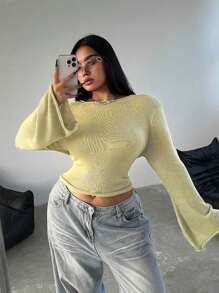 Flirla Plus Size Versatile Solid Color Flare Sleeve Sweater