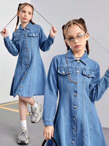 Vestido vaquero azul desteñido con pliegues y vuelo, diseño minimalista y de moda, adecuado para uso diario, para niñas preadolescentes