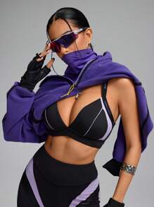 Innovista 女士紫色拼色运动胸罩、日常休闲与健身、聚拢胸罩、外出上衣、高弹力支撑运动胸罩、女士短款背心、日常休闲与健身、瑜伽、音乐节、秋季 - 黑色 - 查看 9