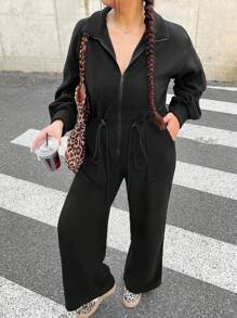 SHEIN EZwear Plus Size High Waist Fleece Jumpsuit, Thick For Autumn And Winter - Black - View 3