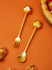 GARFIELD | SHEIN 3D Cat Shaped Metal Spoon And Fork Set - Gold - View 1