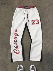 Manfinity Campus Court Aesthetic Post--Men's Red Plaid Letter & Chicago 23 Numeric Printed Splice Pants, 2 In 1 Design - Multicolor - View 4