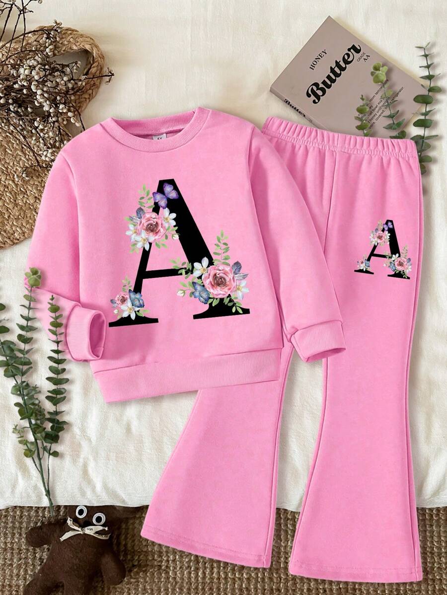 SHEIN Leap Crew Bộ hoa ép, Hoa dại Boho, Bộ cây, Bộ thực vật cổ điển, Bộ thiên nhiên hoa pastel, Quà tặng cho người yêu vườn, Bộ áo nỉ dày dặn họa tiết chữ A thường ngày cho bé gái, Bộ ấm áp dài tay cho bé gái, Thích hợp cho bé gái mặc vào mùa thu/đông - Hồng - Xem 1