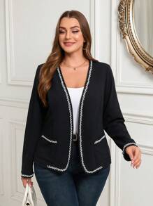 SHEIN Clasi Áo khoác đôi túi viền ruy băng giản dị mùa thu cỡ lớn - màu đen - Xem 5