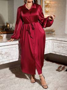 SHEIN Essnce Plus Size Women's Spring And Summer Fall Women Dresses Christmas Women Clothes Party Women Dresses Formal Women Dresses Formal Dress Christmas Women Dress New Year Eve Dress Red Christmas Dress Christmas Dress Business Casual Women Elegant Women Dresses Holiday Dress Thanksgiving Dress Thanksgiving Outfit Christmas Party Dress Fashionable And Elegant Party Satin Long Shirt Dress, Pocket Dress, Burgundy Dress Women Blouses Dress