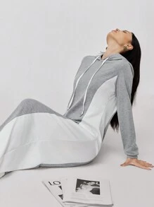 Mulvari Váy dài trùm đầu có dây rút màu tương phản chắp vá thường ngày dành cho nữ, mùa thu - Xám - Xem 7