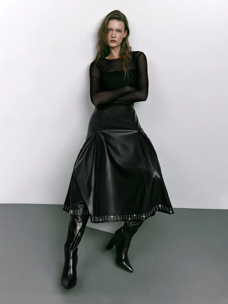 SHEIN Maija Women's Autumn/Winter Black PU Leather Rivet Metal Decor Pleated Hem Long Skirt