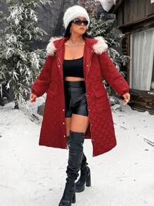 Calvaya 加大码纽扣拉链抽绳连帽加厚棉服外套冬季 - 紅色 - 查看 4