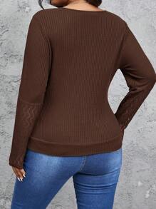 SHEIN Frenchy Plus Size Women's Fall ,Solid Color Overlapping V-Neck Ruched Contrast Lace Long Sleeve T-Shirt, Spring & Summer, Fall Women Outfits - Brown - View 5