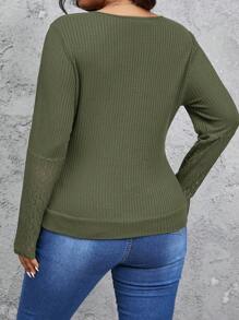SHEIN Frenchy Plus Size Women's Fall,Solid Color Overlapping V-Neck Ruched Contrast Lace Long Sleeve T-Shirt, Spring & Summer, Fall Women T-Shirt - Army Green - View 5